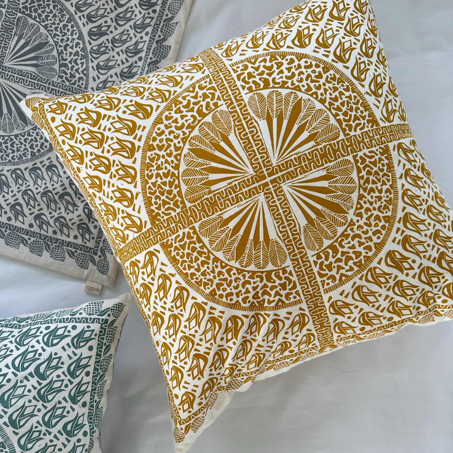 Cushion Cover 24" 60cm square continental organic cotton gold, teal, grey