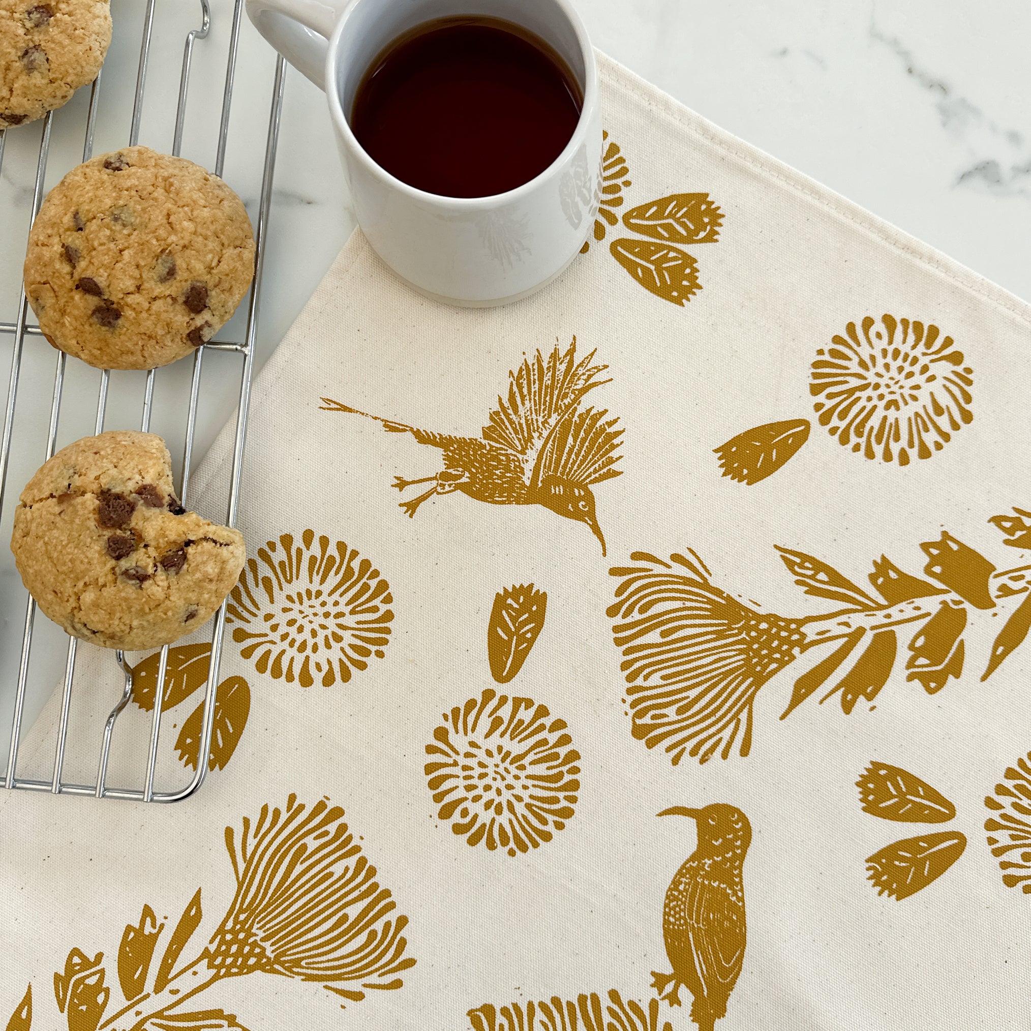 Tea Towel Cotton Sunbird Print in Blue and Gold 16 in x 22 in