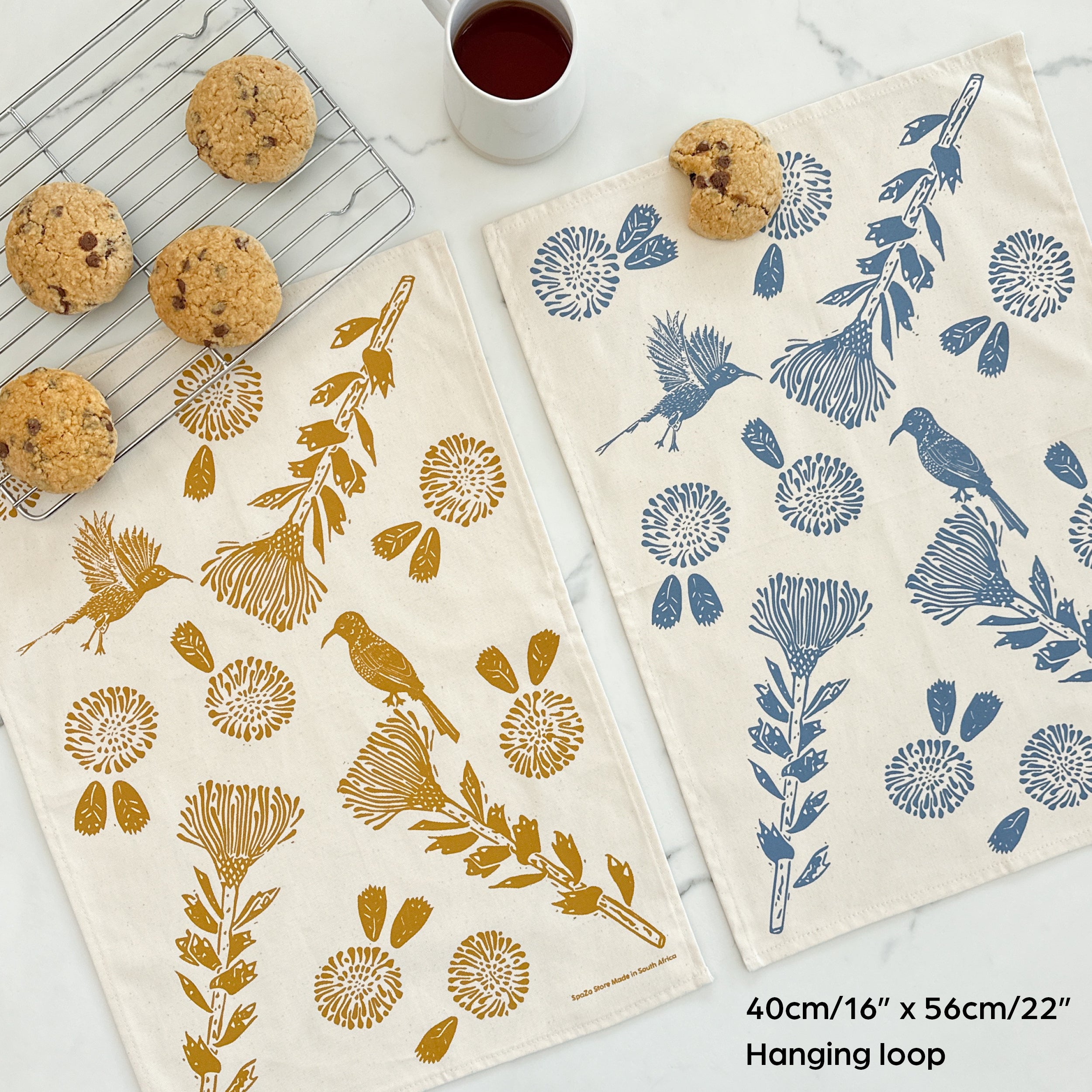 Tea Towel Cotton Sunbird Print in Blue and Gold 16 in x 22 in
