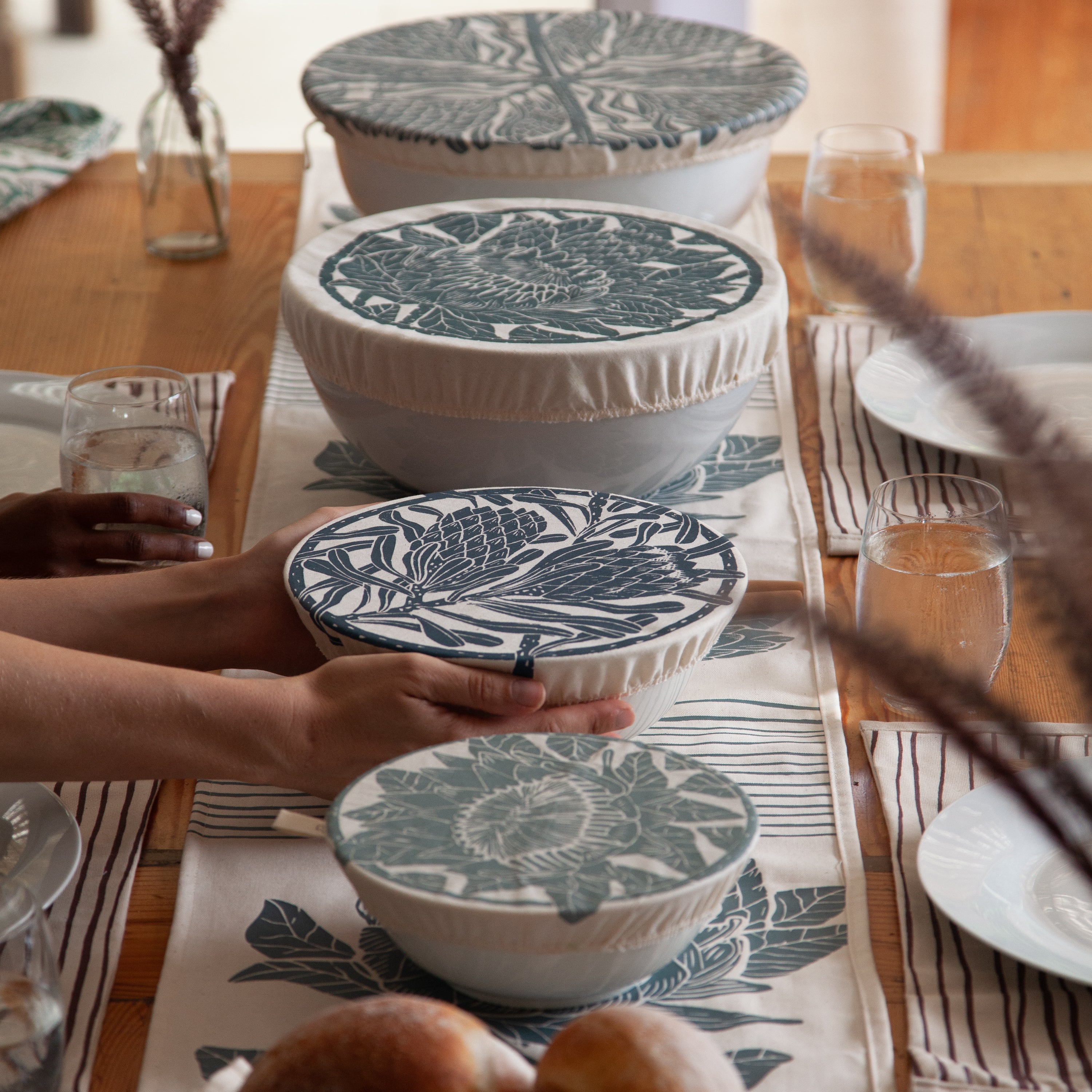 Dish and Bowl Cover Medium Protea Print | single bowl cover for medium salads and leftovers