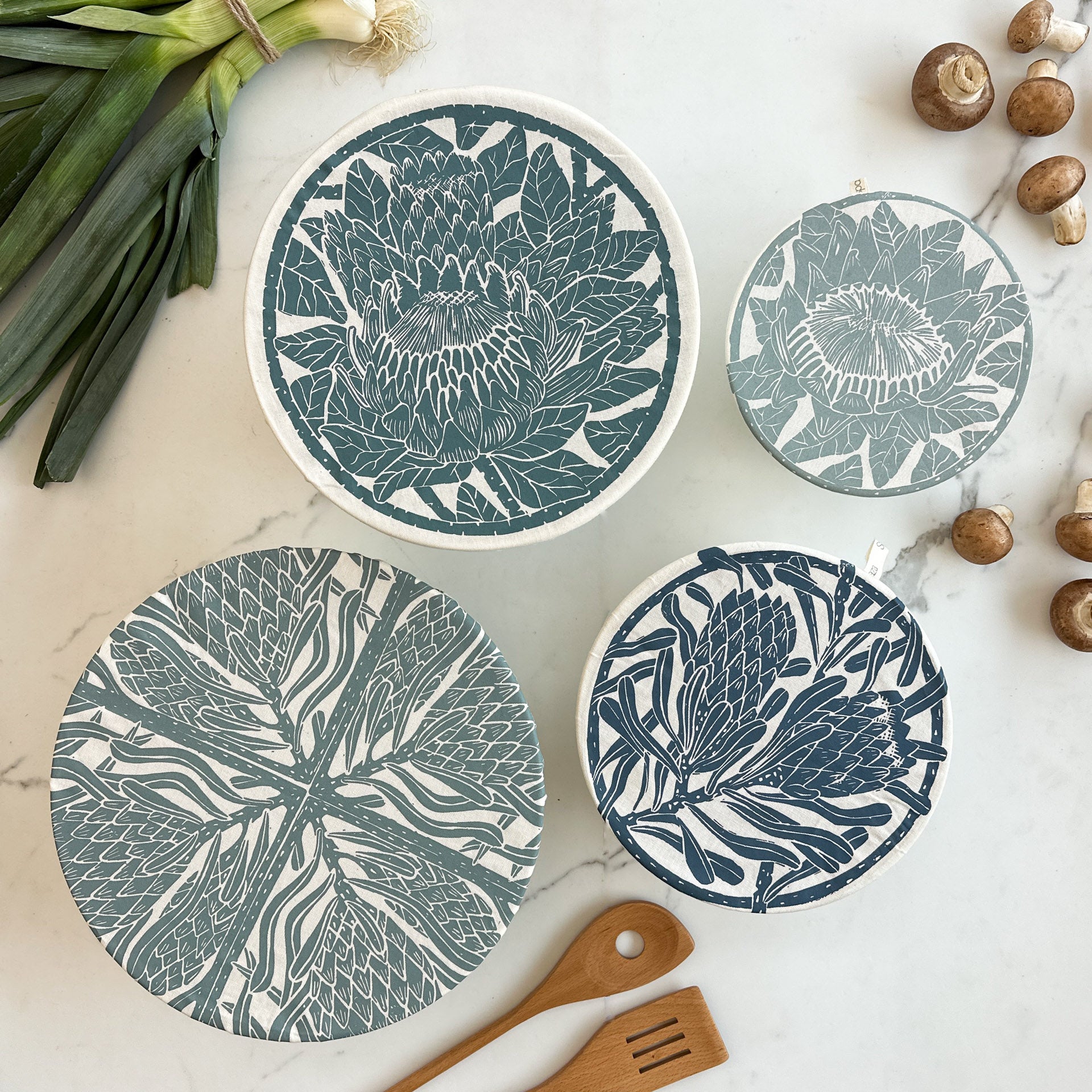 Dish and Bowl Cover Set of 4 Protea Print | cloth bowl covers in 4 sizes