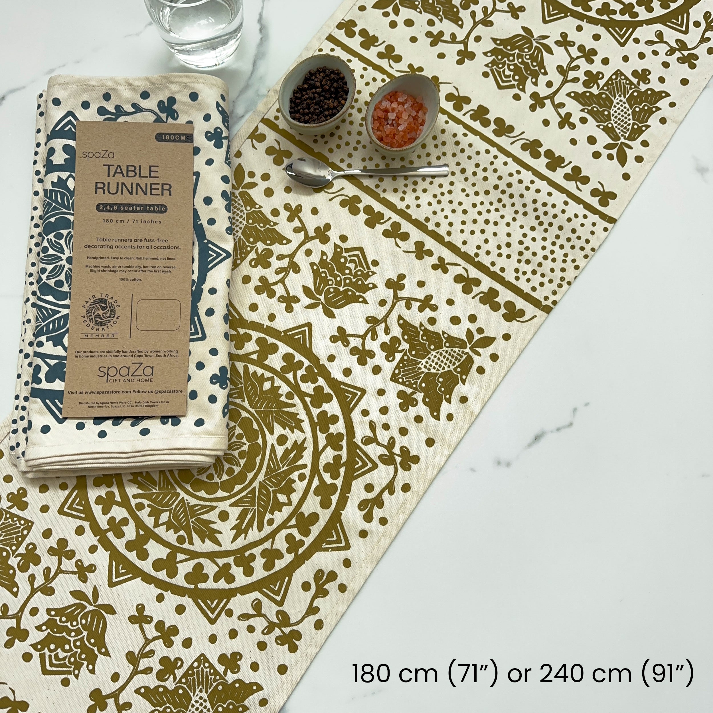 Table Runner 71" and 94" gold/ navy stamp print Madiba series table decor